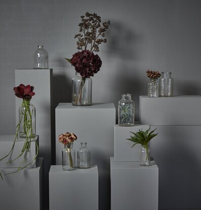 Dekorationsglas Stor från Speedtsberg på vita podier med växter