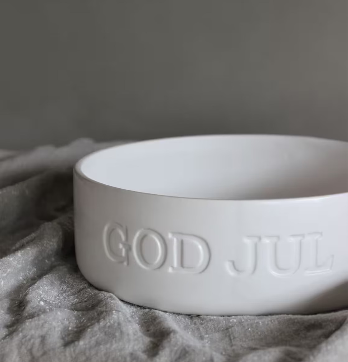 Kruka/Skål God Jul Matt Vit från Majas Cottage på linnetyg