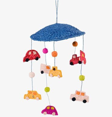 Raffiamobil Blå från Rice med färgglada bilar och bollar