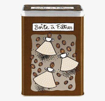 Bild av brun plåtburk för kaffefilter med illustrationer