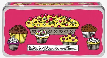 Bild av färgglad plåtburk med bakverksmotiv och rosa tema