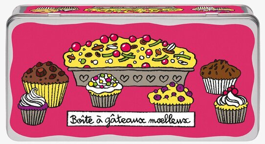 Bild av färgglad plåtburk med bakverksmotiv och rosa tema