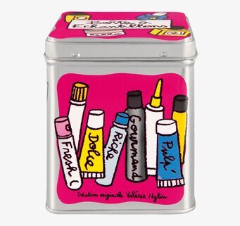 Bild av färgglad plåtburk med konstnärligt motiv