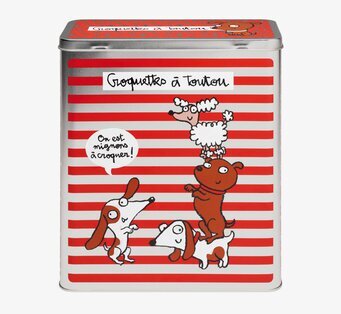 Bild av färgglad plåtburk för hundsaker med motiv