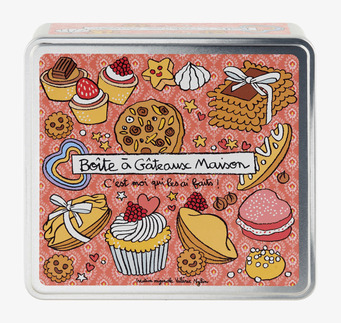 Foto av färgglad plåtburk med kakmotiv och mönster