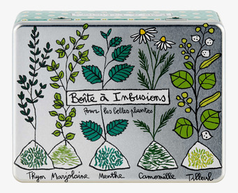 Bild på plåtburk med örtmotiv och handskriven text