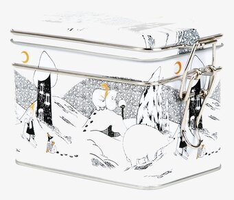 Bild av fyrkantig teburk med Muminmotiv och vinterlandskap