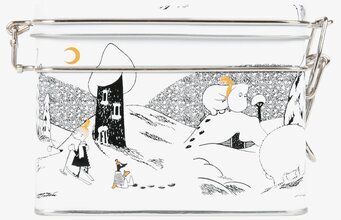 Bild av dekorativ teburk med Muminmotiv i vinterlandskap