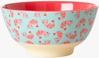 Skål Shrimp Print från Rice med räkor på aqua-blå bakgrund