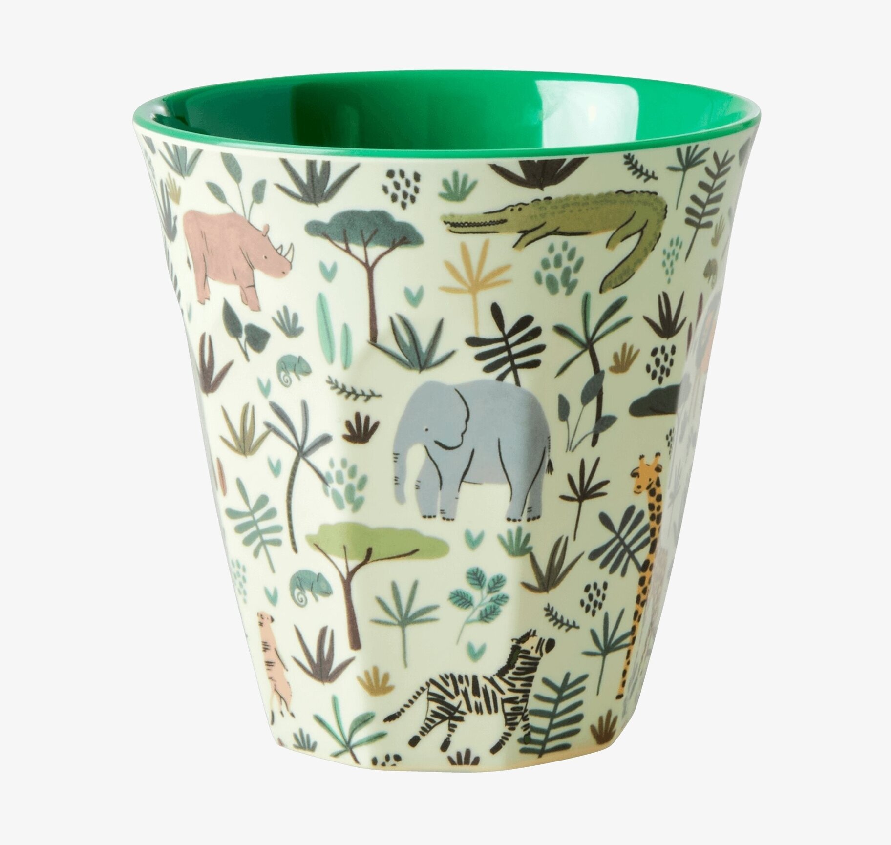 Bild av färgglad mugg med exotiska djur och växter