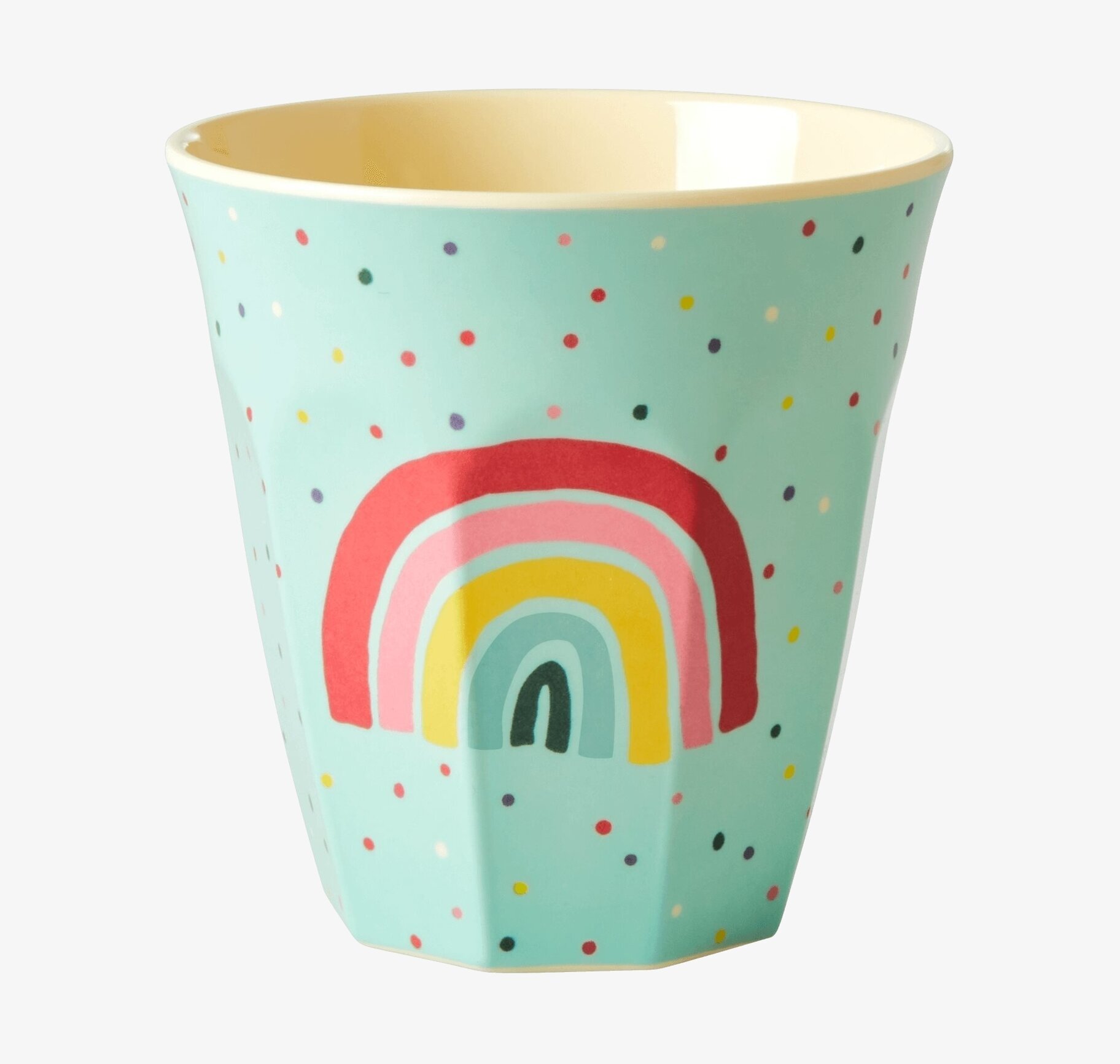 Bild av livfull mugg med lekfullt regnbågsmönster