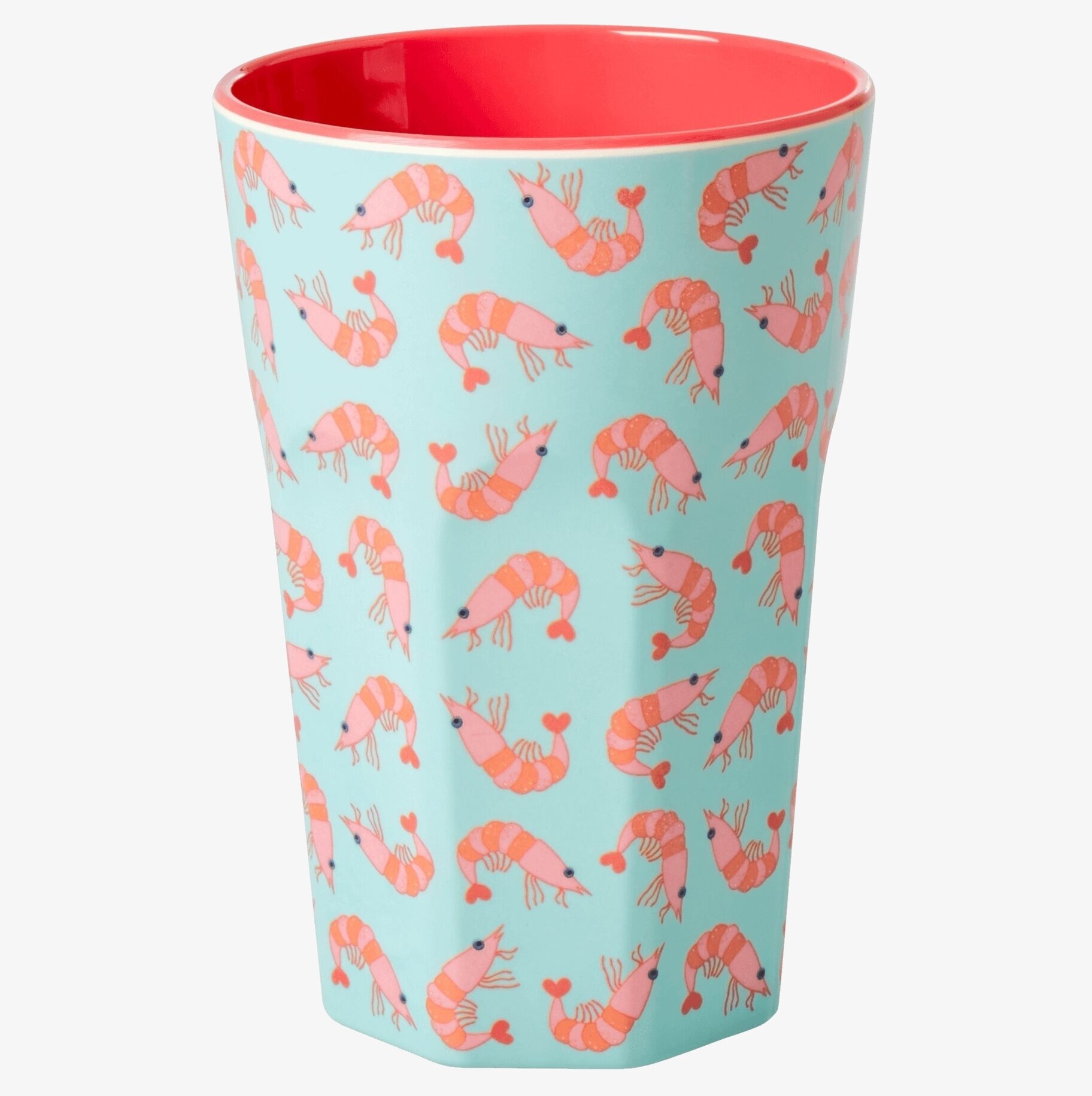 Bild av färgglad mugg med räkmönster och korallinsida