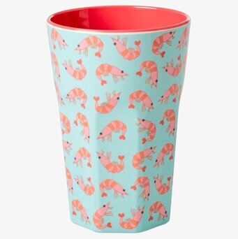 Bild av färgglad mugg med räkmönster och korallinsida