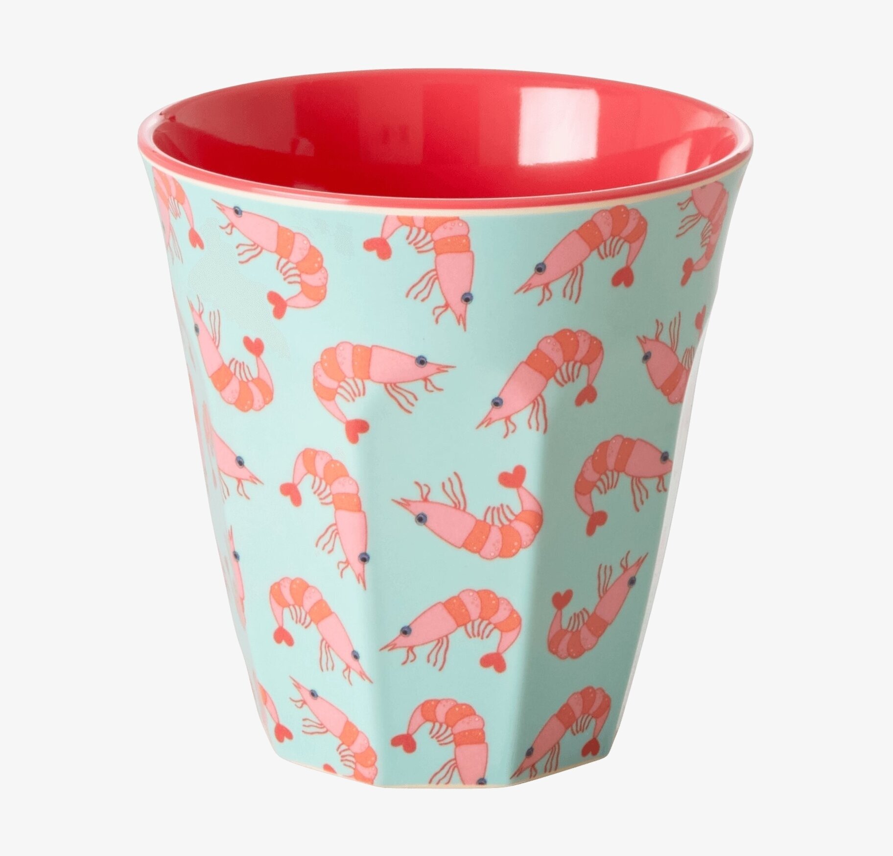 Bild av mugg med lekfullt räkmotiv och färgglad insida