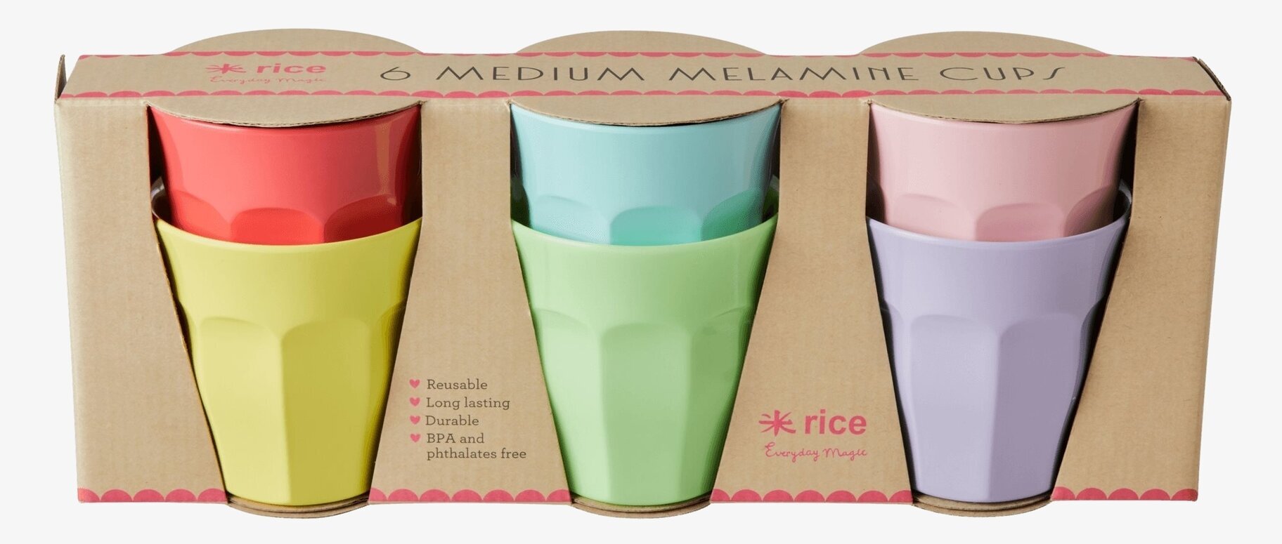 Bild av färgglada melaminmuggar i kartongförpackning