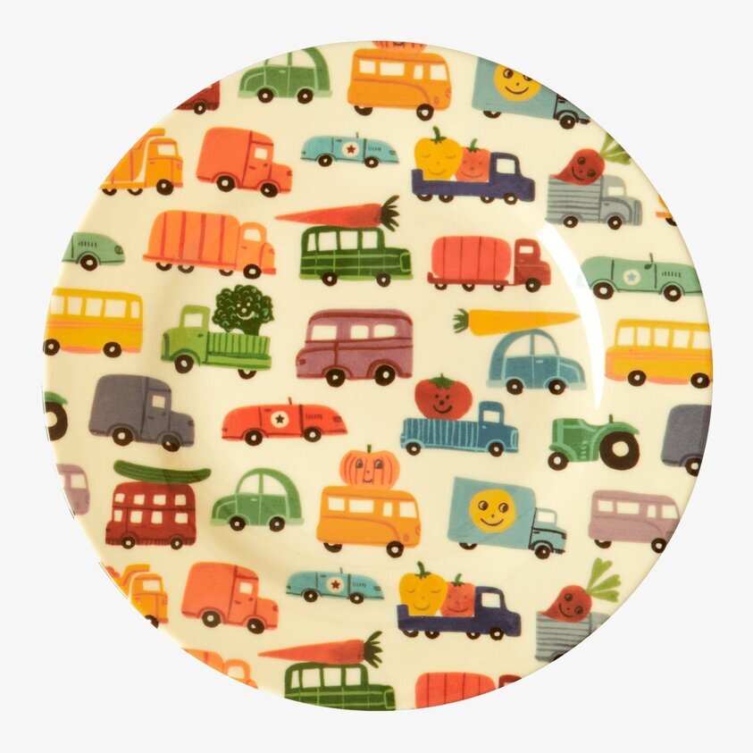 Barntallrik Happy Cars Print från Rice med färgglada fordon