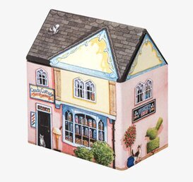 Bild av detaljrik plåtburk formad som ett litet hus