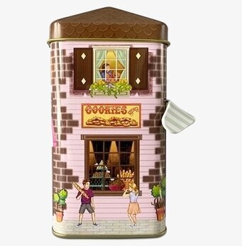 Bild av konstnärligt designad plåtburk som litet hus