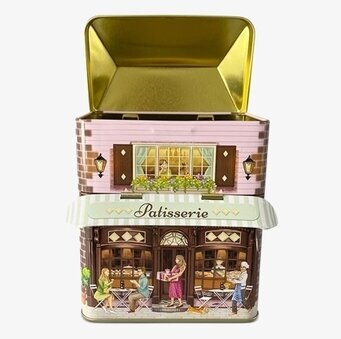 Bild av dekorativ plåtburk med fransk bageridesign