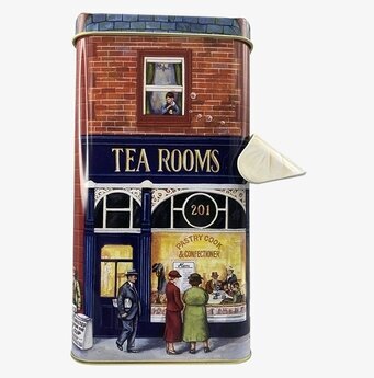 Bild av rektangulär plåtburk med engelsk teaffär