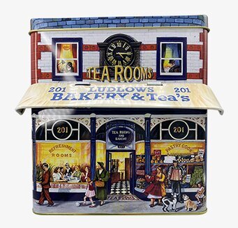 Bild av charmig plåtburk formad som gammaldags butik