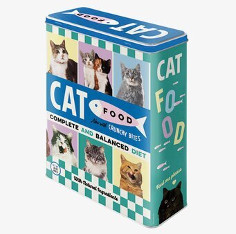 Bild av färgglad plåtburk för kattmatförvaring