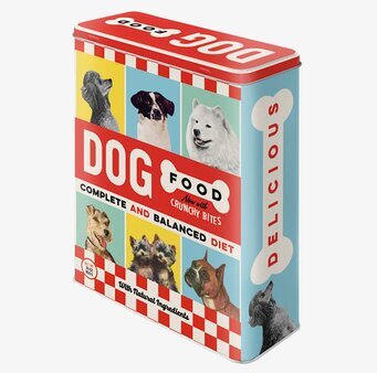 Bild av färgglad plåtburk för hundmat med retrostil