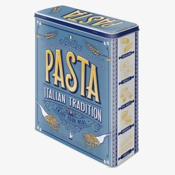 Bild av konstnärligt designad plåtburk för pasta