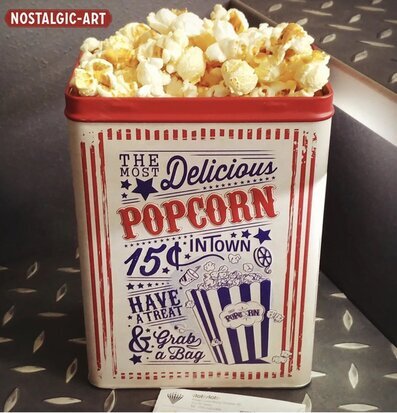 Bild av retro plåtburk för popcorn, nostalgisk design