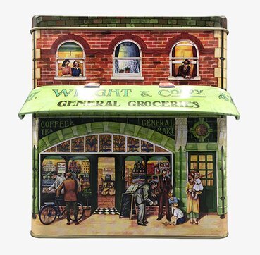 Bild av nostalgisk plåtburk som påminner om lanthandel