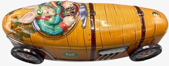 Bild av charmig plåtburk med retro racerbilsdesign