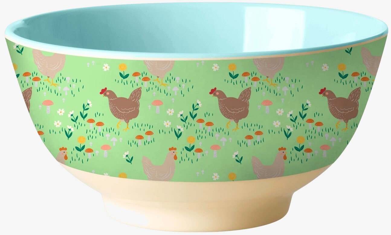 Skål Green Hen Print från Rice med färgglatt hönsmönster