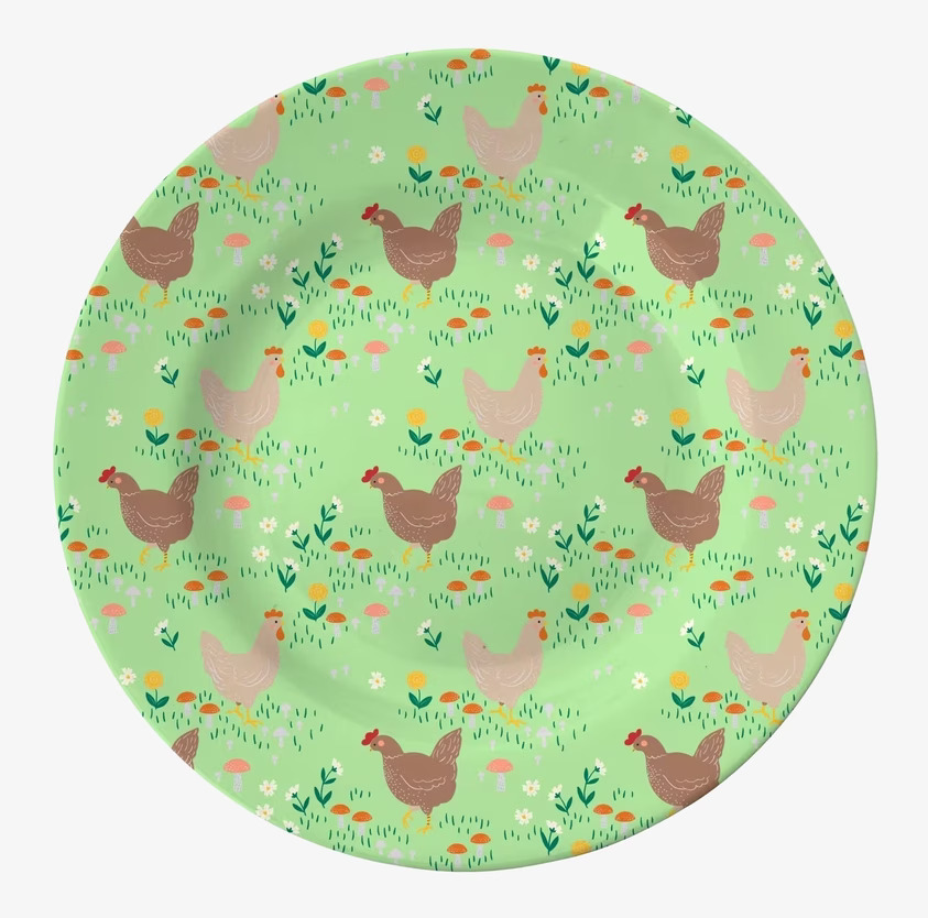 Assiett Soft Green Hen Print från Rice med hönor och blommor