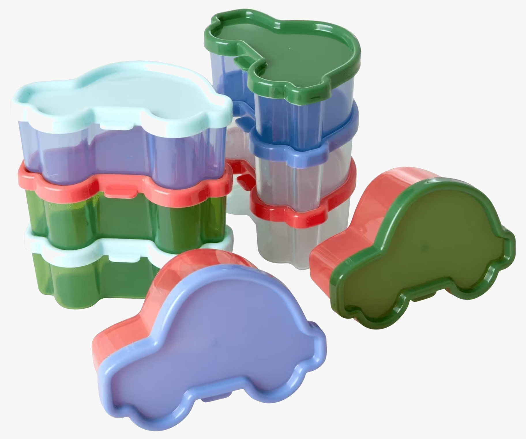Små plastburkar Bilar 8-Pack från Rice, staplade i grupper
