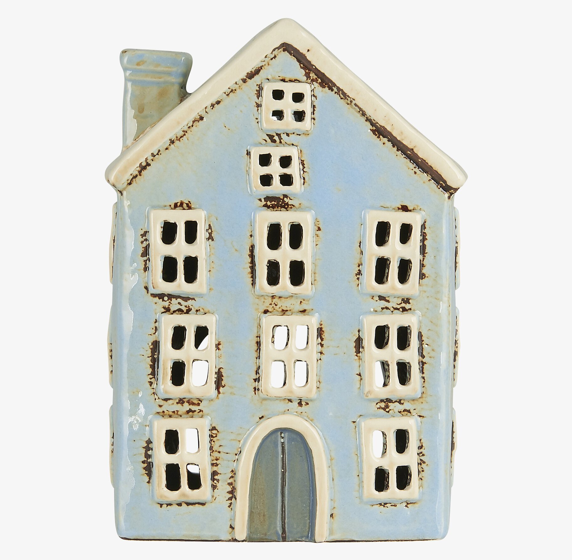 Bild av ljuslykta med husdesign i ljusblå keramik