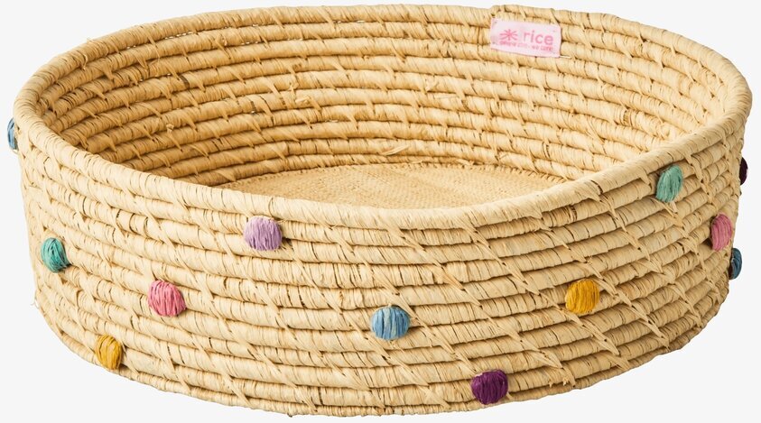 Rund Korg Raffia Dots Stor från Rice med färgglada bollar