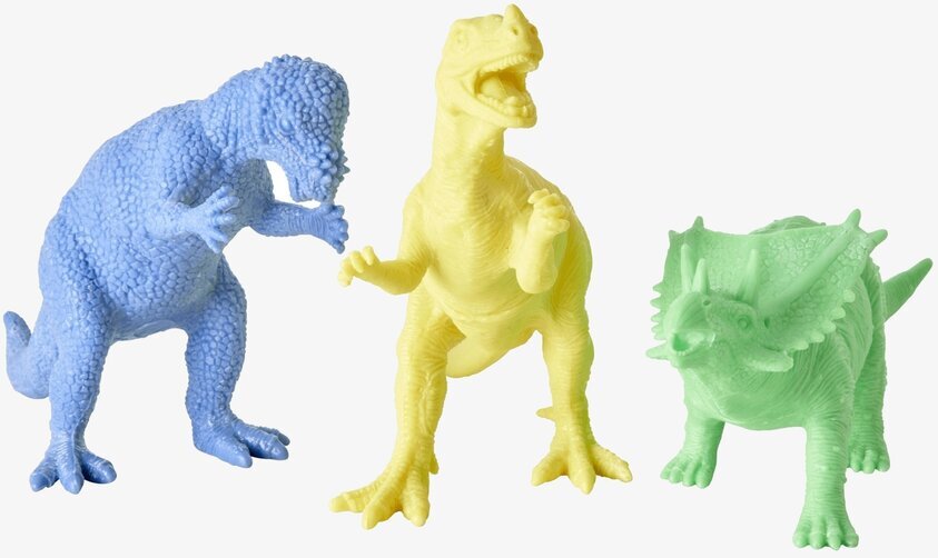 Leksaksdinosaurie Rice: Tre färgglada dinosaurier från Rice