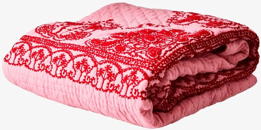 Överkast Pink/Red Embroidery från Rice med röd brodyr