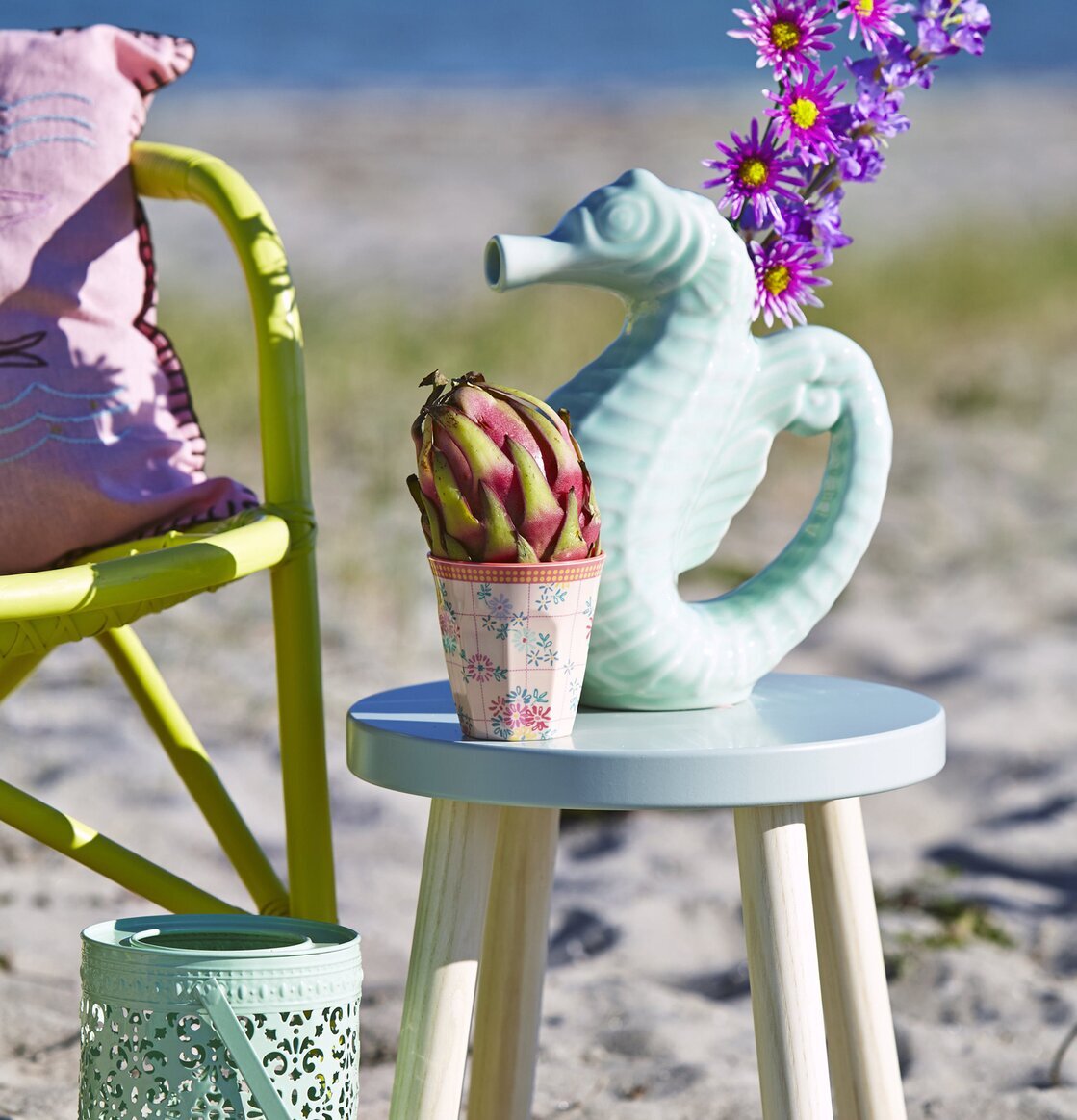 Kanna Sjöhäst Pastellgrön från Rice på träpall vid stranden