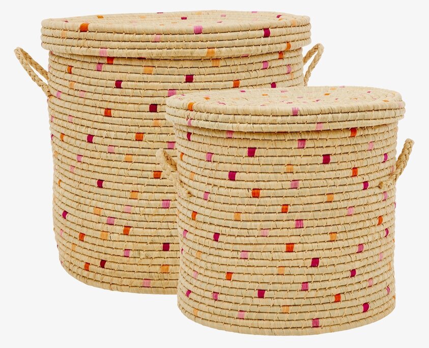Tvättkorg Raffia Röd/Rosa från Rice med handtag och lock