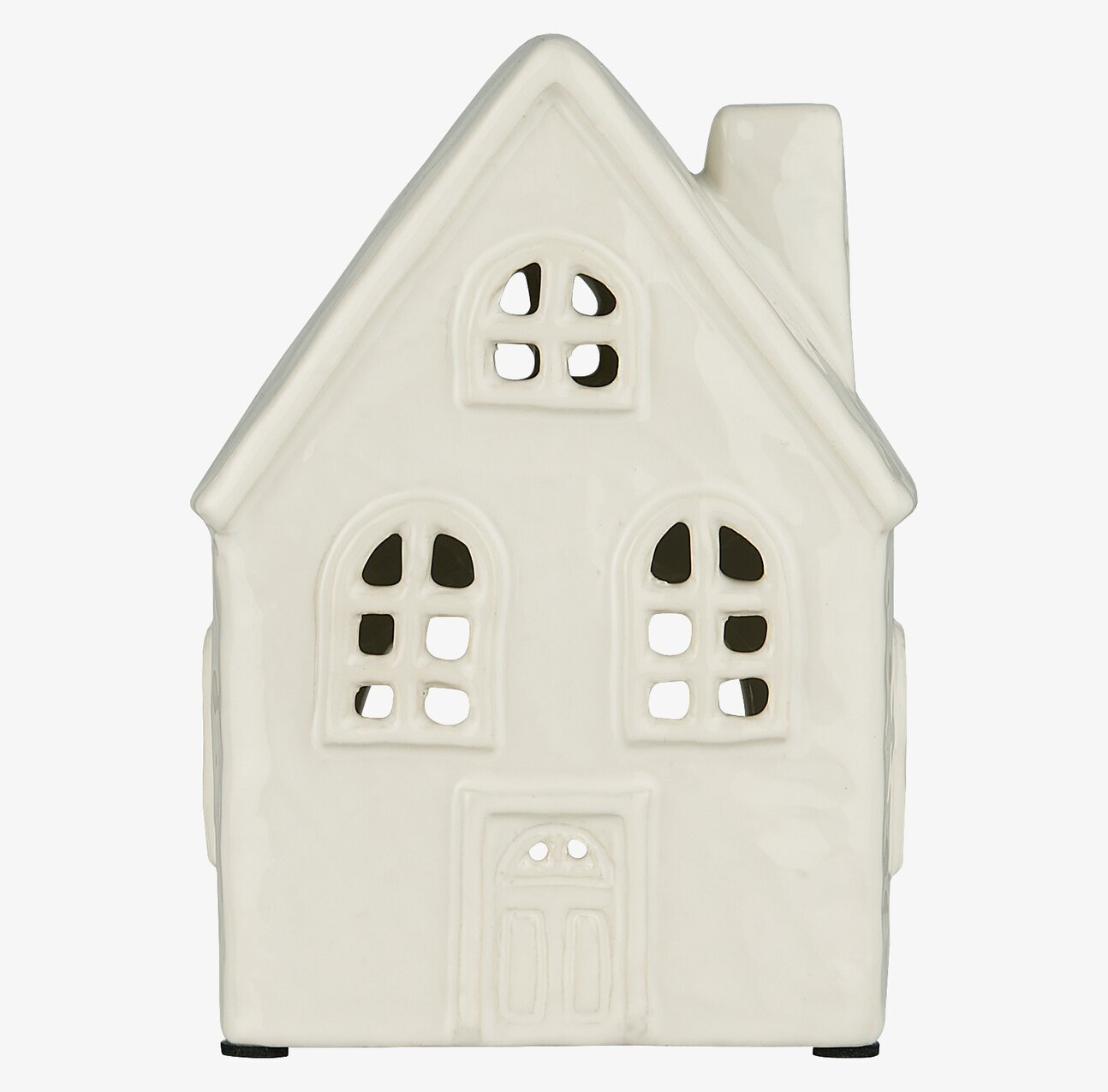 Bild av ljuslykta med husdesign och välvda fönster