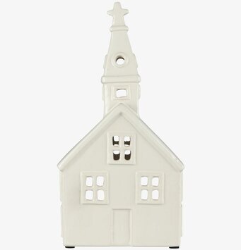 Bild av ljuslykta formad som kyrka med detaljrikedom
