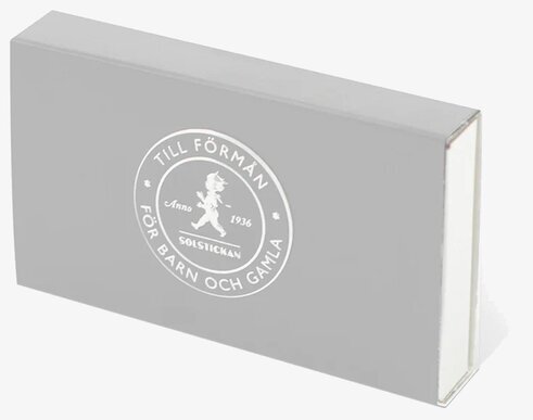 Tändsticksask Grå från Solstickan med vit logotyp på grå ask