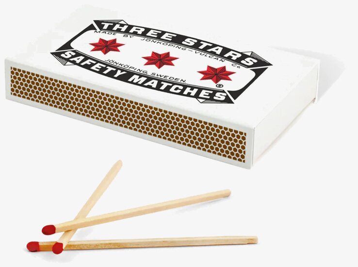 Tändsticksask Three Stars från Solstickan med tre tändstickor