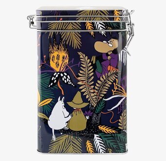 Bild av färgstark kaffeburk med Mumindalen motiv