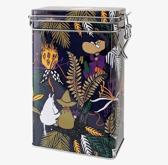 Bild av färgstark kaffeburk med Mumin-motiv