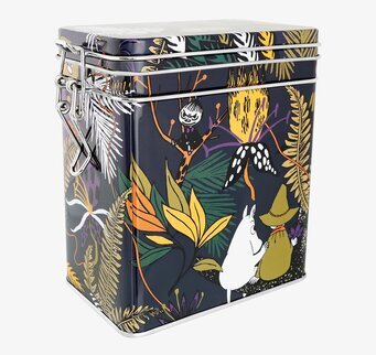 Bild av färgglad plåtburk med Muminmotiv och naturmönster