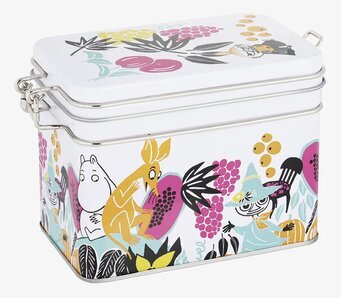 Bild av färgglad plåtburk med Muminmotiv och papaya