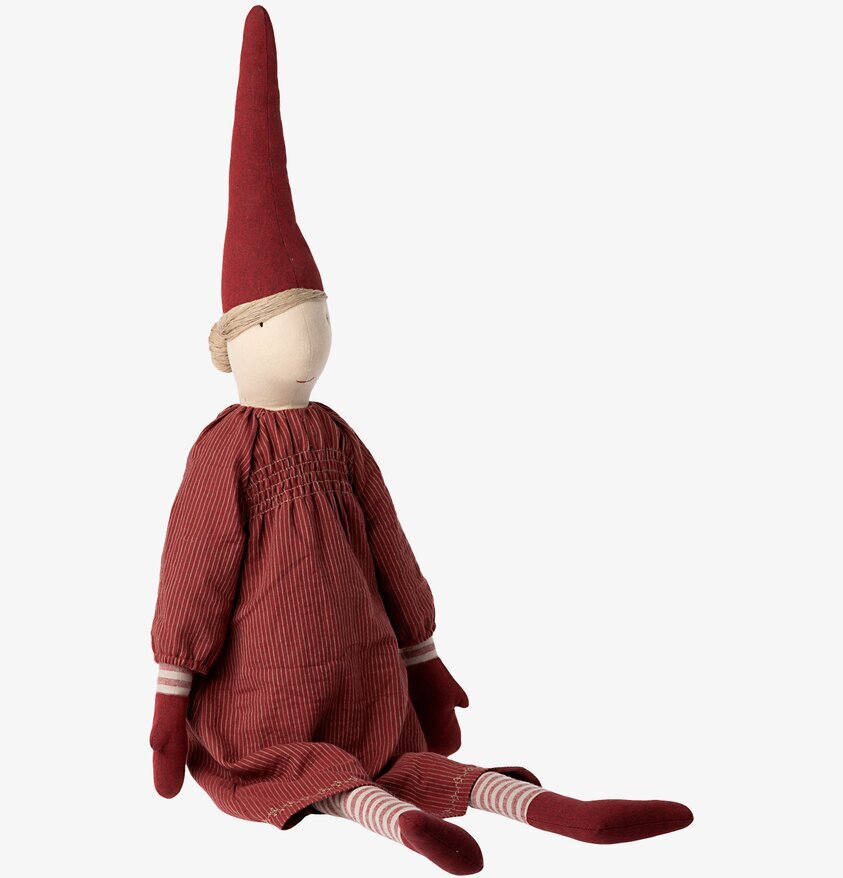 Mega Pixy Girl från Maileg i röd klänning och spetsig mössa