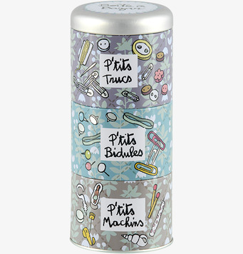 Bild av färgglad, stapelbar plåtburk i tre sektioner